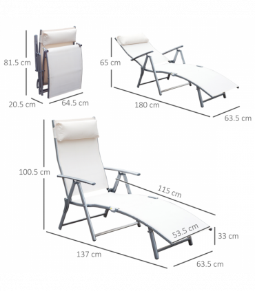 Outsunny Sun Lounger Recliner Foldable 7 Levels Texteline Cream White