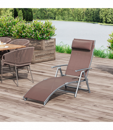Outsunny Sun Lounger Recliner w/ Pillow Foldable 7 Levels Texteline Brown