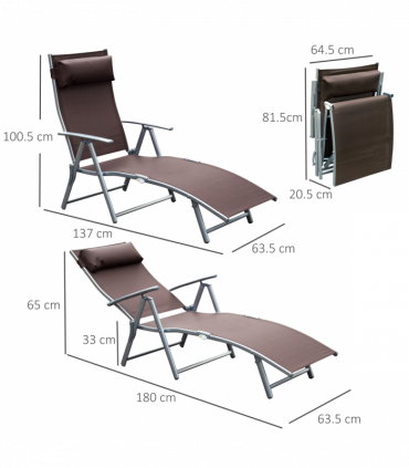 Outsunny Sun Lounger Recliner w/ Pillow Foldable 7 Levels Texteline Brown