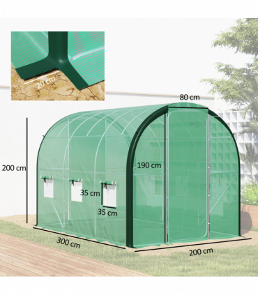 Outsunny Tunnel Greenhouse Upgraded Structure, Hinged Doors, 3 x 2(m), Green