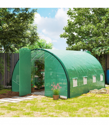 Outsunny Tunnel Greenhouse Upgraded Structure, Hinged Doors, 4 x 3(m), Green