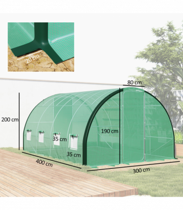 Outsunny Tunnel Greenhouse Upgraded Structure, Hinged Doors, 4 x 3(m), Green