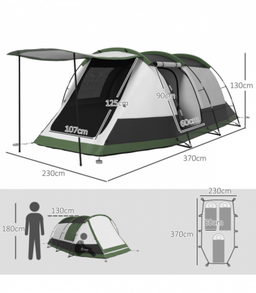 Outsunny Tunnel Tent with Bedroom, Living Room and Porch for 3-4 Man, Green
