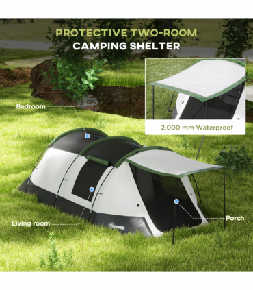 Outsunny Tunnel Tent with Bedroom, Living Room and Porch for 3-4 Man, Green