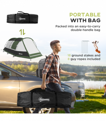 Outsunny Tunnel Tent with Bedroom, Living Room and Porch for 3-4 Man, Green