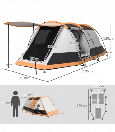 Outsunny Tunnel Tent with Bedroom, Living Room and Porch for 3-4 Man, Orange