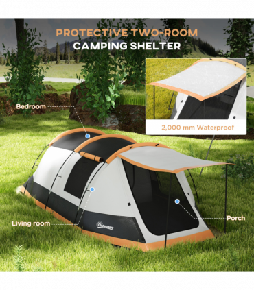 Outsunny Tunnel Tent with Bedroom, Living Room and Porch for 3-4 Man, Orange