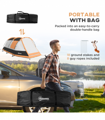 Outsunny Tunnel Tent with Bedroom, Living Room and Porch for 3-4 Man, Orange