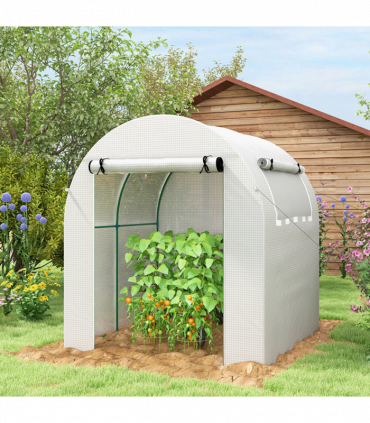 Outsunny Walk in Polytunnel Greenhouse with Roll-up Window and Door, White
