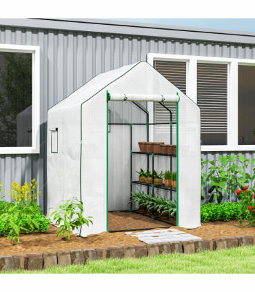 Outsunny Walk-in Greenhouse with 8 Shelves, Outdoor Small Greenhouse, White