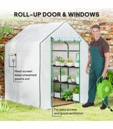 Outsunny Walk-in Greenhouse with 8 Shelves, Outdoor Small Greenhouse, White