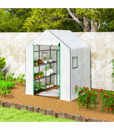 Outsunny Walk-in Greenhouse with 8 Shelves, Outdoor Small Greenhouse, White