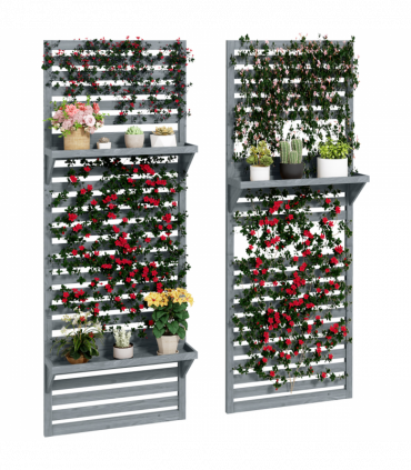 Outsunny Wall Mounted Plant Stands Set of 2 with Shelves and Slatted Trellis