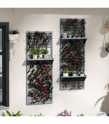 Outsunny Wall Mounted Plant Stands Set of 2 with Shelves and Slatted Trellis