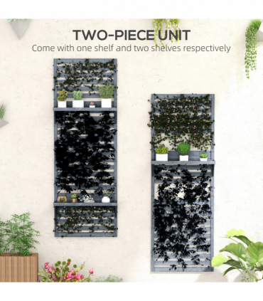 Outsunny Wall Mounted Plant Stands Set of 2 with Shelves and Slatted Trellis