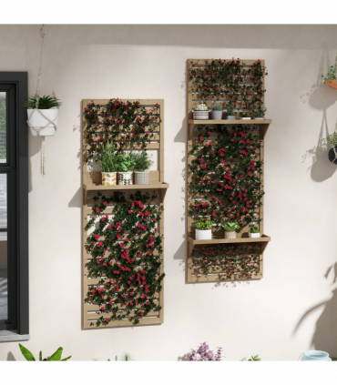 Outsunny Wall Mounted Plant Stands Set of 2 with Shelves and Slatted Trellis