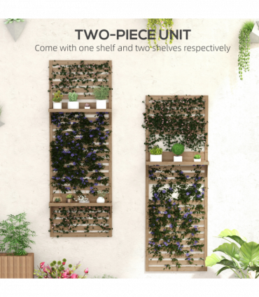 Outsunny Wall Mounted Plant Stands Set of 2 with Shelves and Slatted Trellis