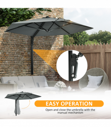 Outsunny Wall-Mounted Parasol Patio Umbrella with Hand to Push System Grey