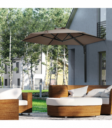 Outsunny Wall-Mounted Parasol Patio Umbrella with Hand to Push System Khaki