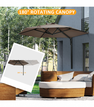 Outsunny Wall-Mounted Parasol Patio Umbrella with Hand to Push System Khaki
