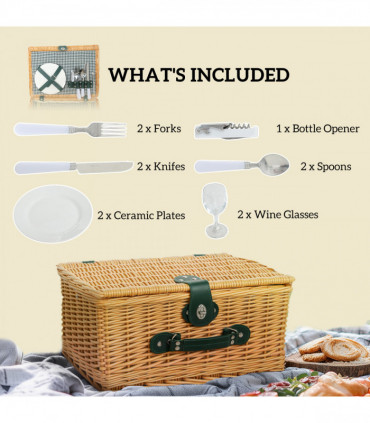 Outsunny Wicker Picnic Basket for 2 w/ Insulated Cooler Bag, Light Brown