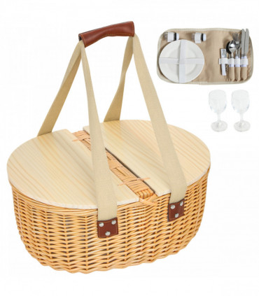 Outsunny Wicker Picnic Basket for 2 with Pine Wood Lid, Light Brown