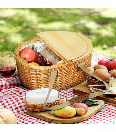 Outsunny Wicker Picnic Basket for 2 with Pine Wood Lid, Light Brown