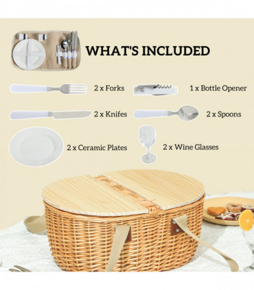 Outsunny Wicker Picnic Basket for 2 with Pine Wood Lid, Light Brown