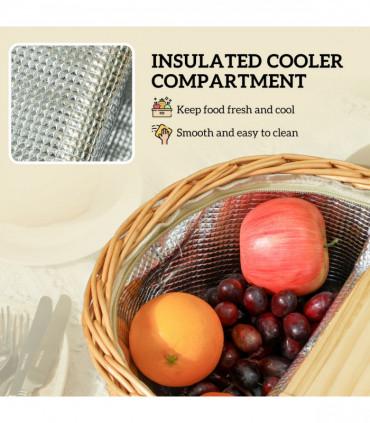 Outsunny Wicker Picnic Basket for 2 with Pine Wood Lid, Light Brown