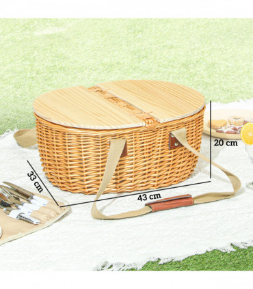 Outsunny Wicker Picnic Basket for 2 with Pine Wood Lid, Light Brown