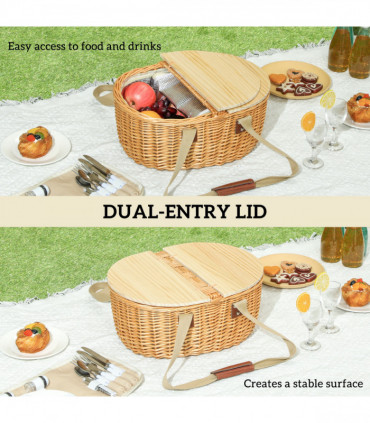 Outsunny Wicker Picnic Basket for 2 with Pine Wood Lid, Light Brown