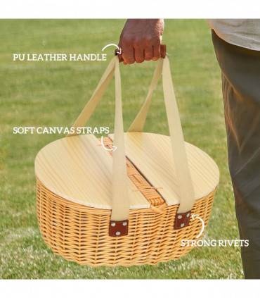 Outsunny Wicker Picnic Basket for 2 with Pine Wood Lid, Light Brown