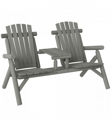 Outsunny Wood Patio Bench 2 Seats w/ Centre Coffee Table, Grey