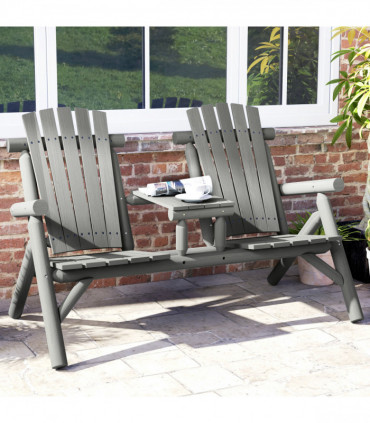 Outsunny Wood Patio Bench 2 Seats w/ Centre Coffee Table, Grey