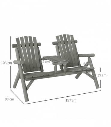 Outsunny Wood Patio Bench 2 Seats w/ Centre Coffee Table, Grey