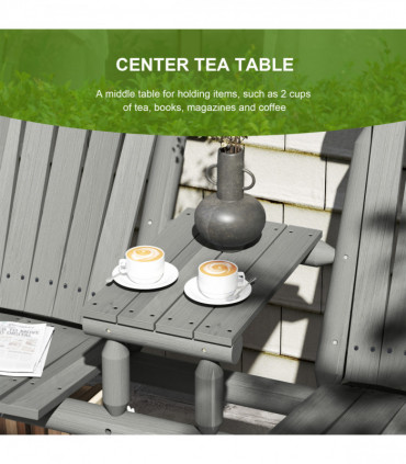 Outsunny Wood Patio Bench 2 Seats w/ Centre Coffee Table, Grey