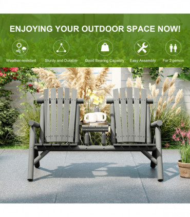 Outsunny Wood Patio Bench 2 Seats w/ Centre Coffee Table, Grey