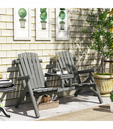 Outsunny Wood Patio Bench 2 Seats w/ Centre Coffee Table, Grey