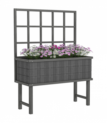 Outsunny Wood Raised Planter w/ Trellis Drain Holes Elevated Garden Bed Grey