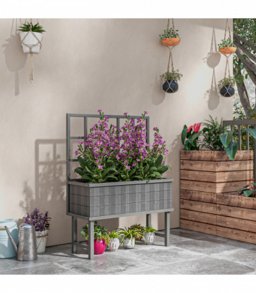 Outsunny Wood Raised Planter w/ Trellis Drain Holes Elevated Garden Bed Grey