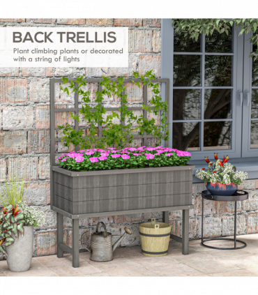 Outsunny Wood Raised Planter w/ Trellis Drain Holes Elevated Garden Bed Grey