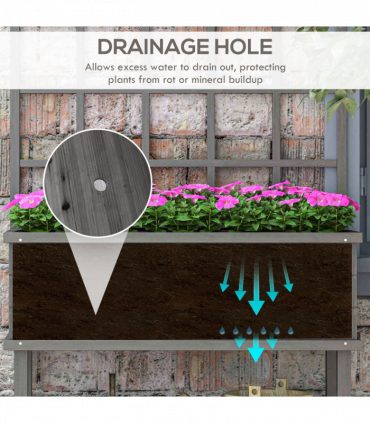 Outsunny Wood Raised Planter w/ Trellis Drain Holes Elevated Garden Bed Grey
