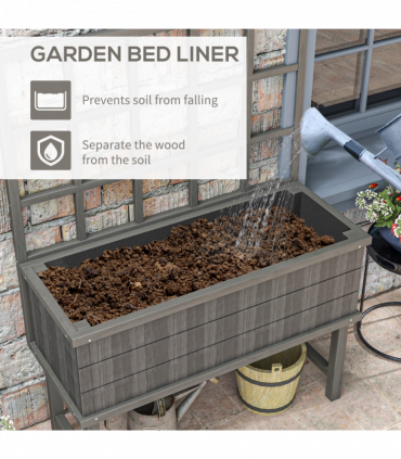 Outsunny Wood Raised Planter w/ Trellis Drain Holes Elevated Garden Bed Grey