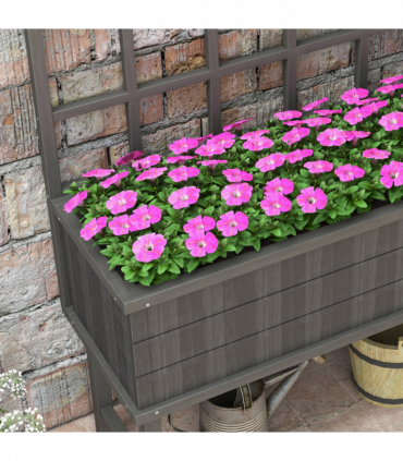 Outsunny Wood Raised Planter w/ Trellis Drain Holes Elevated Garden Bed Grey