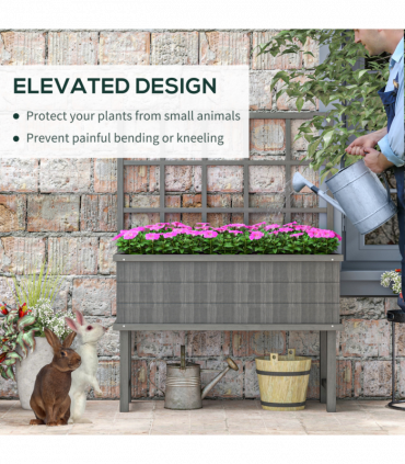 Outsunny Wood Raised Planter w/ Trellis Drain Holes Elevated Garden Bed Grey