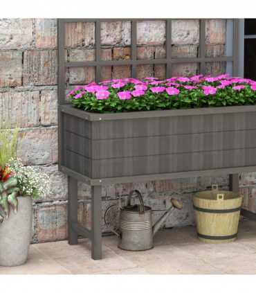 Outsunny Wood Raised Planter w/ Trellis Drain Holes Elevated Garden Bed Grey