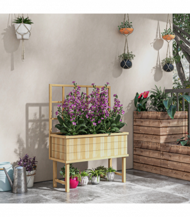 Outsunny Wood Raised Planter w/ Trellis Drain Holes Elevated Garden Bed Natural