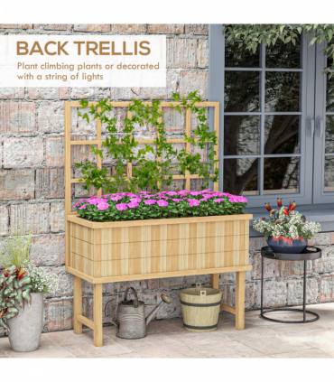 Outsunny Wood Raised Planter w/ Trellis Drain Holes Elevated Garden Bed Natural