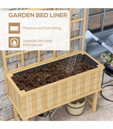 Outsunny Wood Raised Planter w/ Trellis Drain Holes Elevated Garden Bed Natural