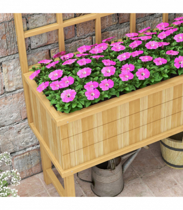 Outsunny Wood Raised Planter w/ Trellis Drain Holes Elevated Garden Bed Natural
